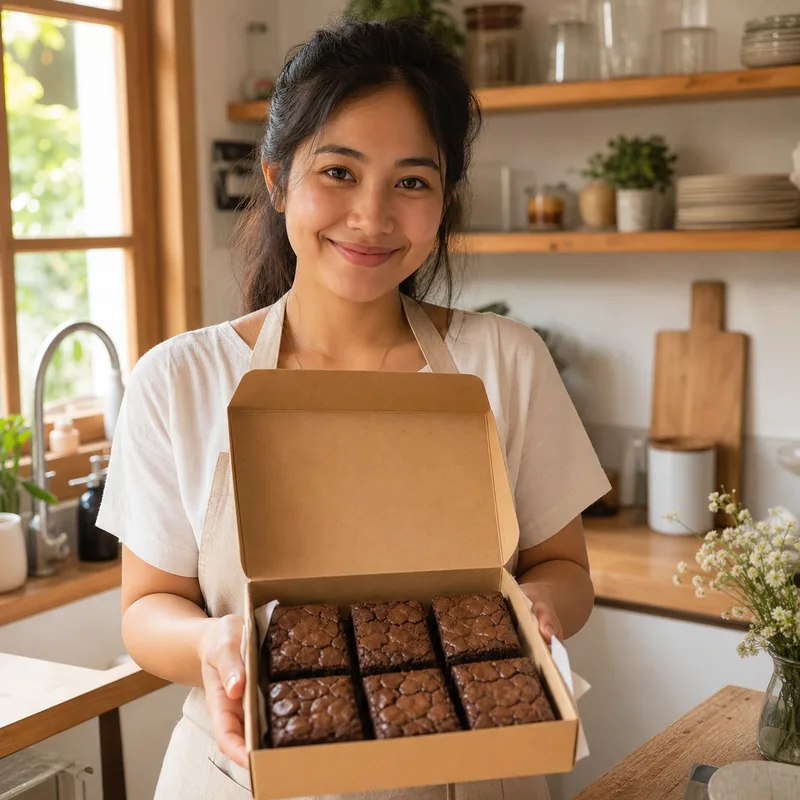 Holding a box of six craeve brownies